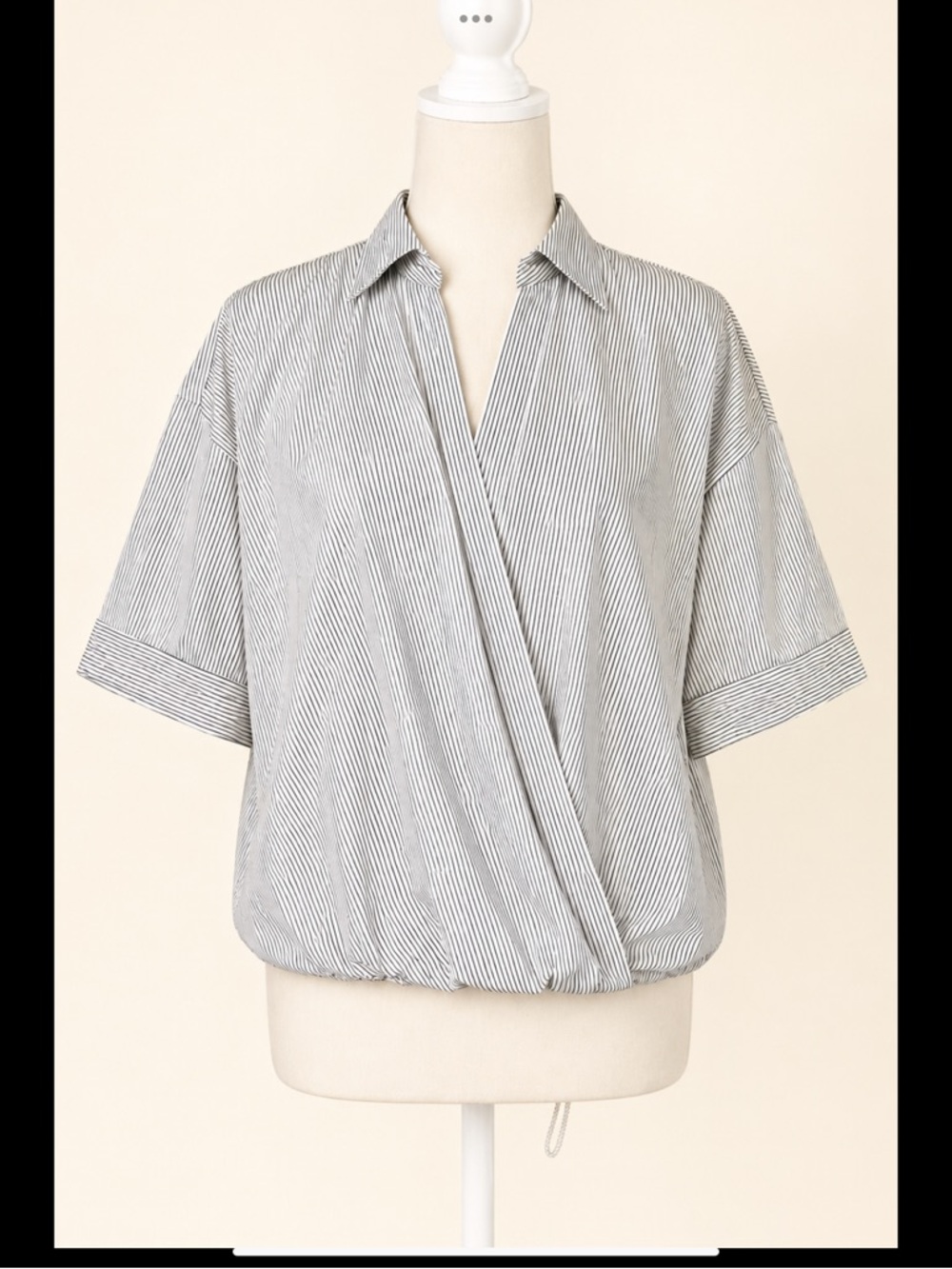 Banana Republic Wrap Front Striped Blouse Black White Cotton Modal Short Sleeve
